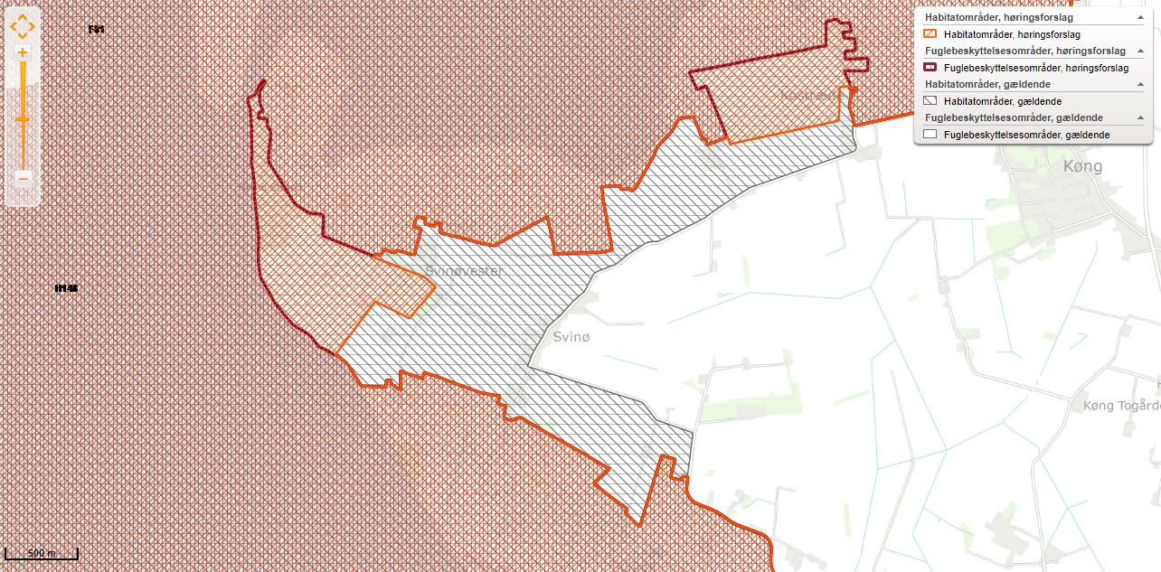Det grå viser dele af de arealer, Regeringen foreslår udtaget af N 2000 169.